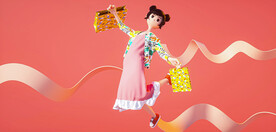 立体卡通粉色电商促销人物背景