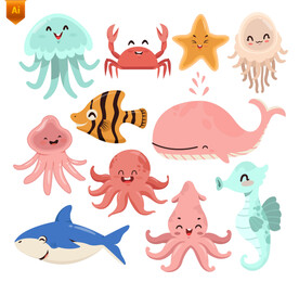 鲸鱼鲨鱼可爱海洋动物插画