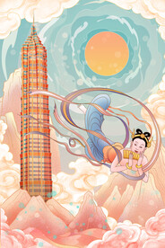 粉色敦煌国风插画