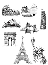 世界地标建筑景点黑白钢笔画