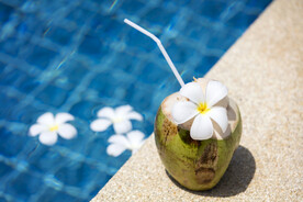 泳池边的椰汁和花