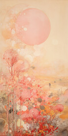 手绘风格日出森林和树木