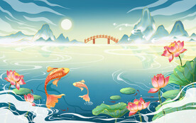 国潮荷塘锦鲤插画