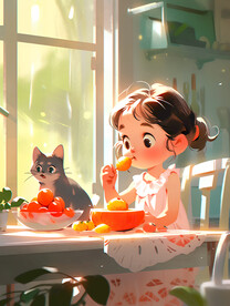 夏天猫与女孩插画
