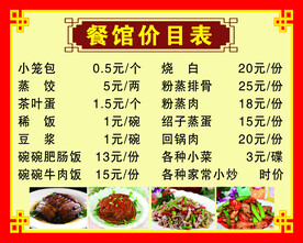 餐馆价目表