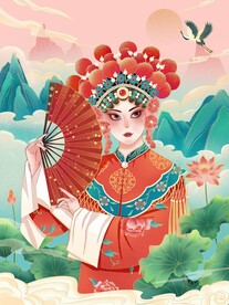手绘国潮风京剧人物山水插画
