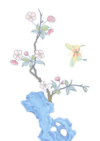 桃花 花枝 太湖石