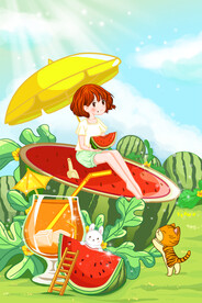 夏天吃西瓜的女孩插画