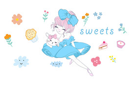 可爱卡通女孩小猫墙贴
