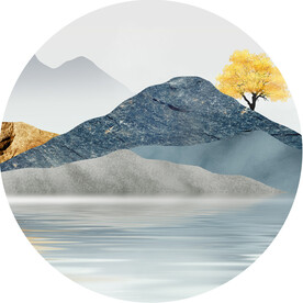 水墨山脉湖畔发财树挂画装饰画