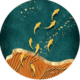 游鱼水彩圆形挂画装饰画
