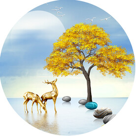 麋鹿发财树湖畔圆形挂画装饰画