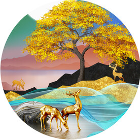 发财树麋鹿湖畔圆形挂画装饰画