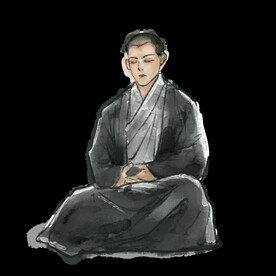 手绘水墨打坐的和尚插画元素