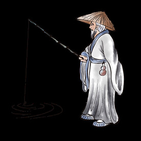 手绘水墨古风渔翁钓鱼元素
