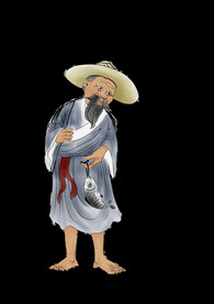 手绘渔翁水墨插画图