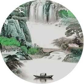 瀑布流水船圆形挂画装饰画