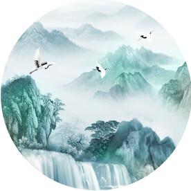 仙鹤水墨山脉圆形挂画装饰画
