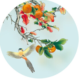 柿子树飞鸟圆形挂画装饰画