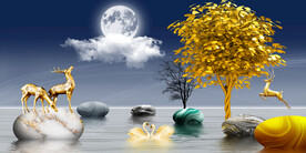 发财树麋鹿湖畔挂画装饰画