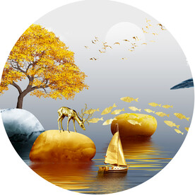 发财树麋鹿水墨湖畔挂画装饰画
