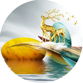 湖畔麋鹿羽毛风景画挂画