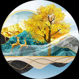 湖畔麋鹿发财树圆形挂画装饰画