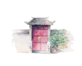 水彩水墨手绘中式大门古建