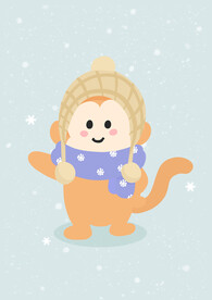 冬天动物猴子卡通手绘带围脖帽子