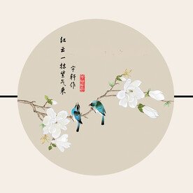 花鸟水墨中式圆形挂画装饰画