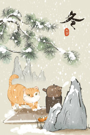 国风雪地猫咪插画