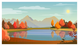 湖泊树木太阳和山脉风景插画背景
