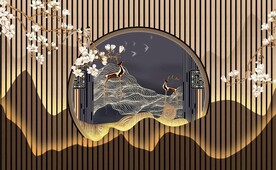 新中式意境山水花鸟麋鹿层叠背景