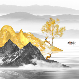 金箔山脉发财树挂画装饰画
