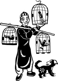 矢量剪纸插画遛鸟