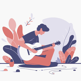 坐在地上弹吉他 扁平插画