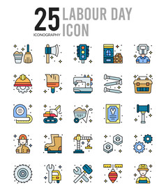 劳动节线性彩色图标插图