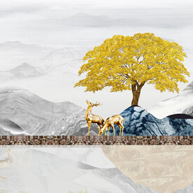 发财树麋鹿湖畔挂画装饰画