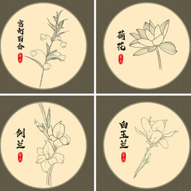 国潮手绘花卉类线稿插画