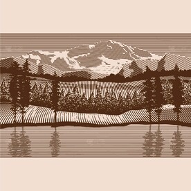 手绘湖边深林版画