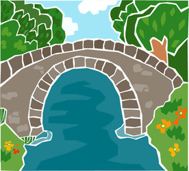 公园河水拱桥插画