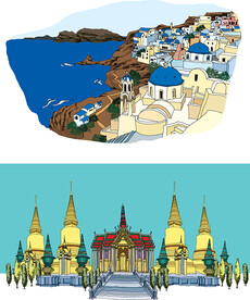 爱琴海水彩欧洲建筑风景画
