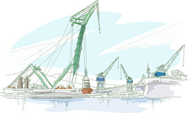 手绘湖畔船风景画插画