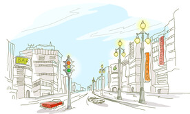 街道建筑水彩插画