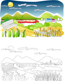 手绘乡村房子插画风景画