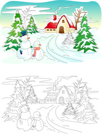 唯美雪人房子插画