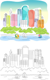公园高楼建筑水彩插画
