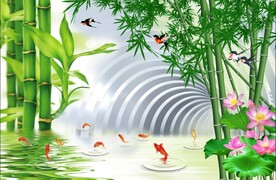 竹子荷花九鱼图