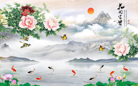 牡丹花开富贵山水背景墙