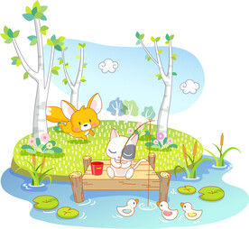 小猫钓鱼湖畔风景画插画